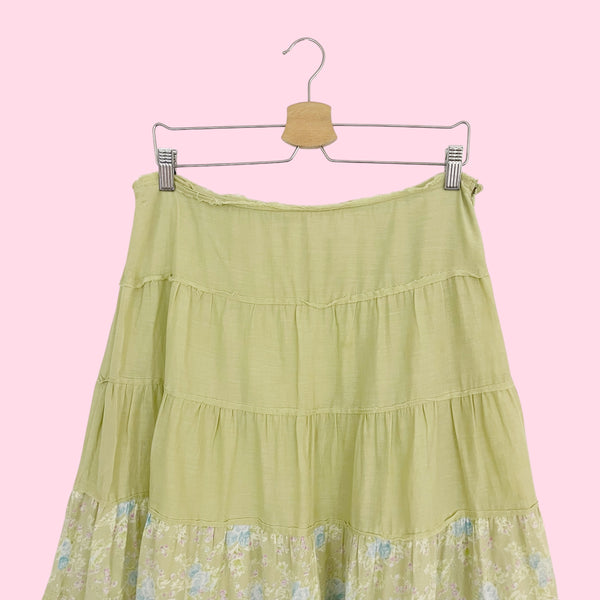 Light Green Floral Tiered Prairie Skirt (M)