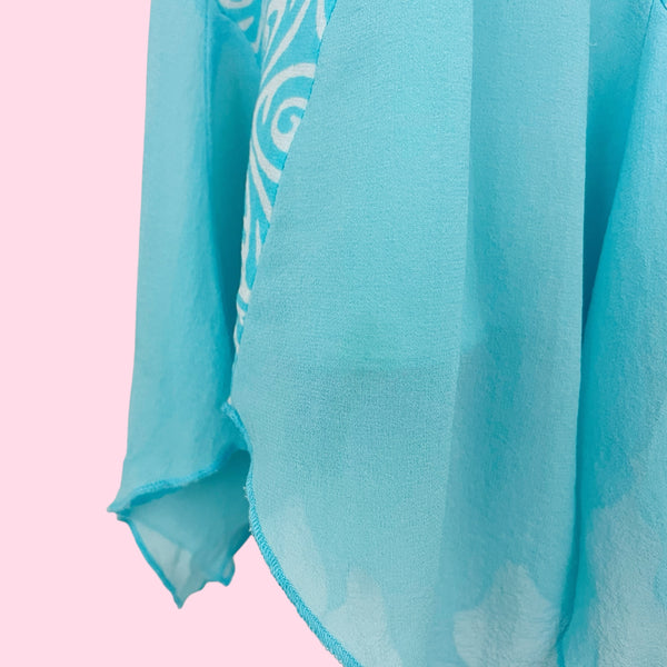 AQUA + WHITE PRINTED SILK MIDI SKIRT (S)