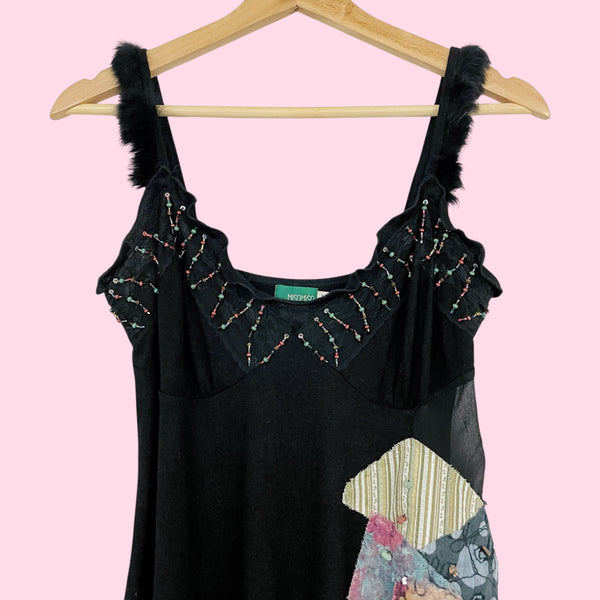 Y2K BLACK BEADED FUR TRIM TANK TOP (M)