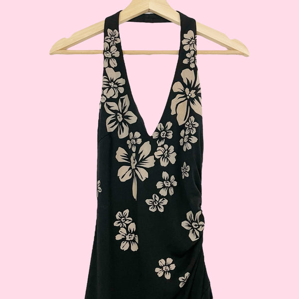 BLACK + TAN FLORAL HALTER MIDI DRESS (M)