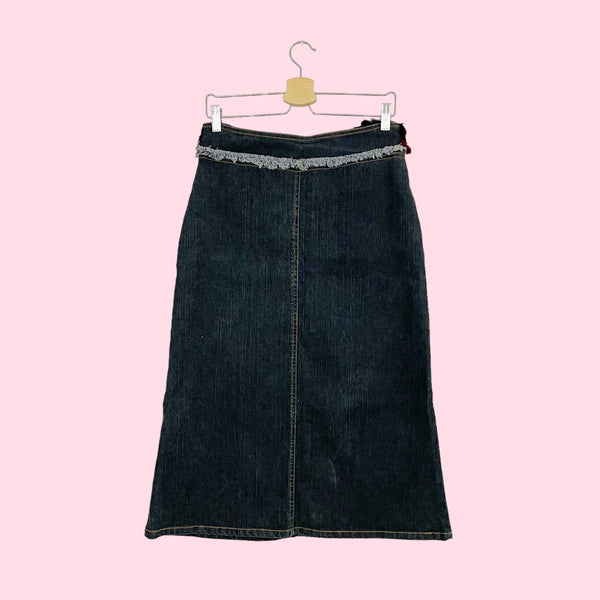 STRETCH DENIM FUR PANEL MIDI SKIRT (L)
