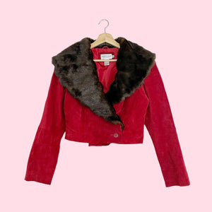 RED SUEDE CROPPED JACKET FAUX FUR COLLAR (M)