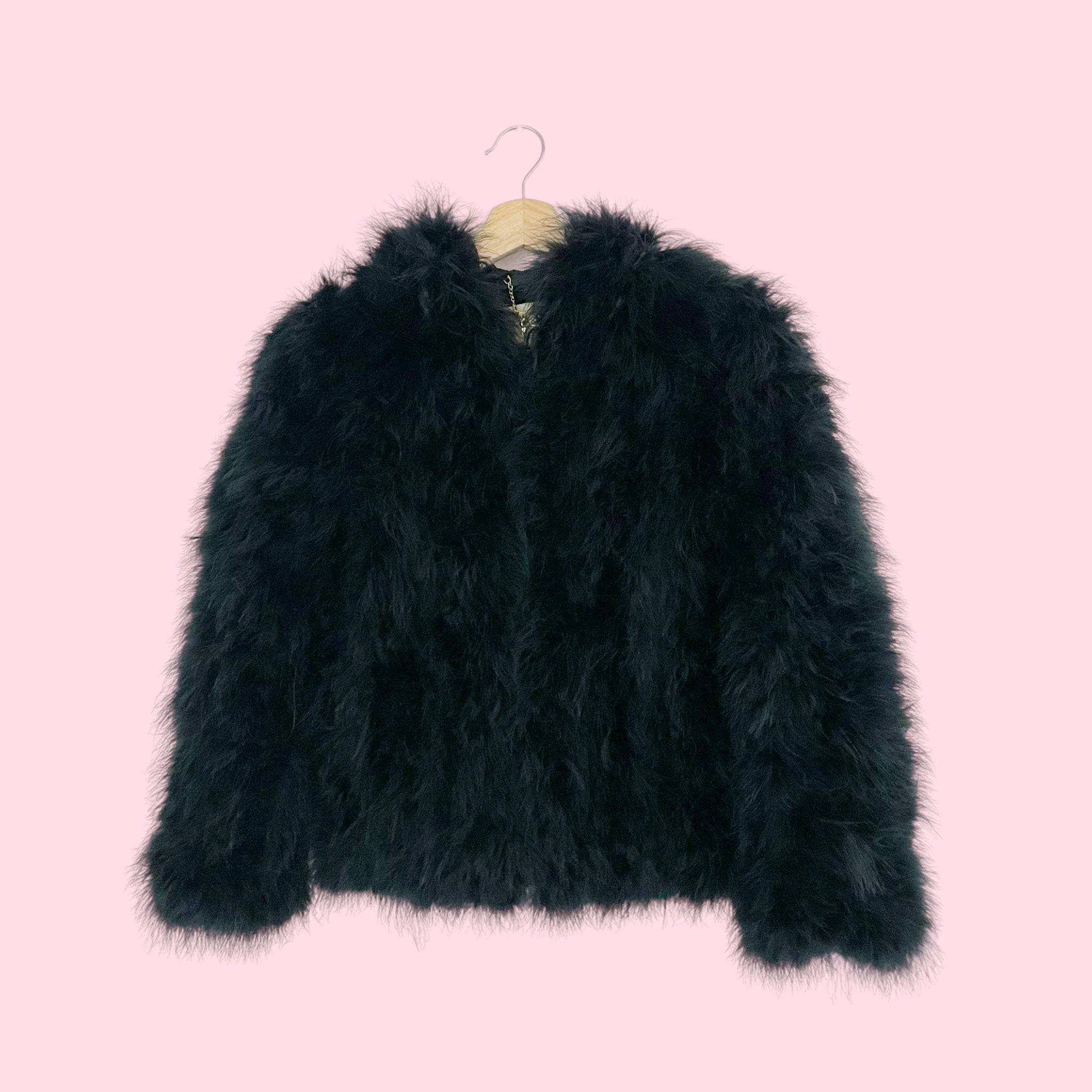 BLACK MARABOU FEATHER HOODED JACKET (S)