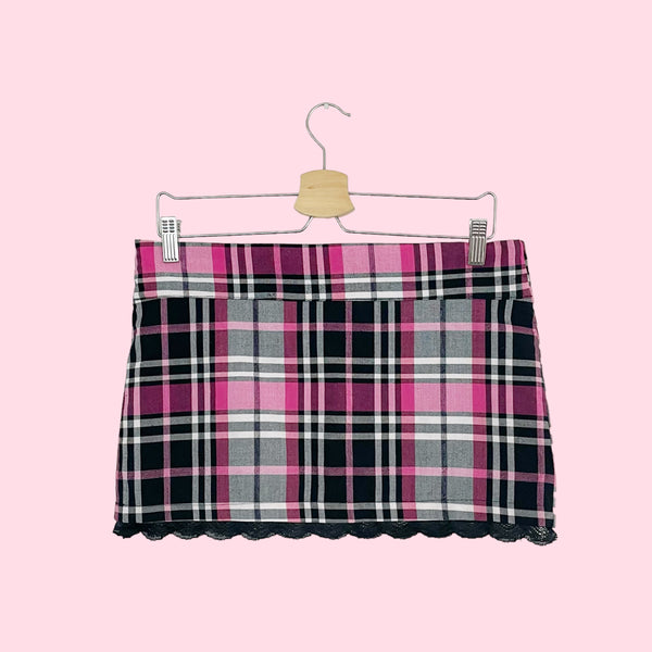 PLAID LOW RISE BUCKLE MINI SKIRT (S)