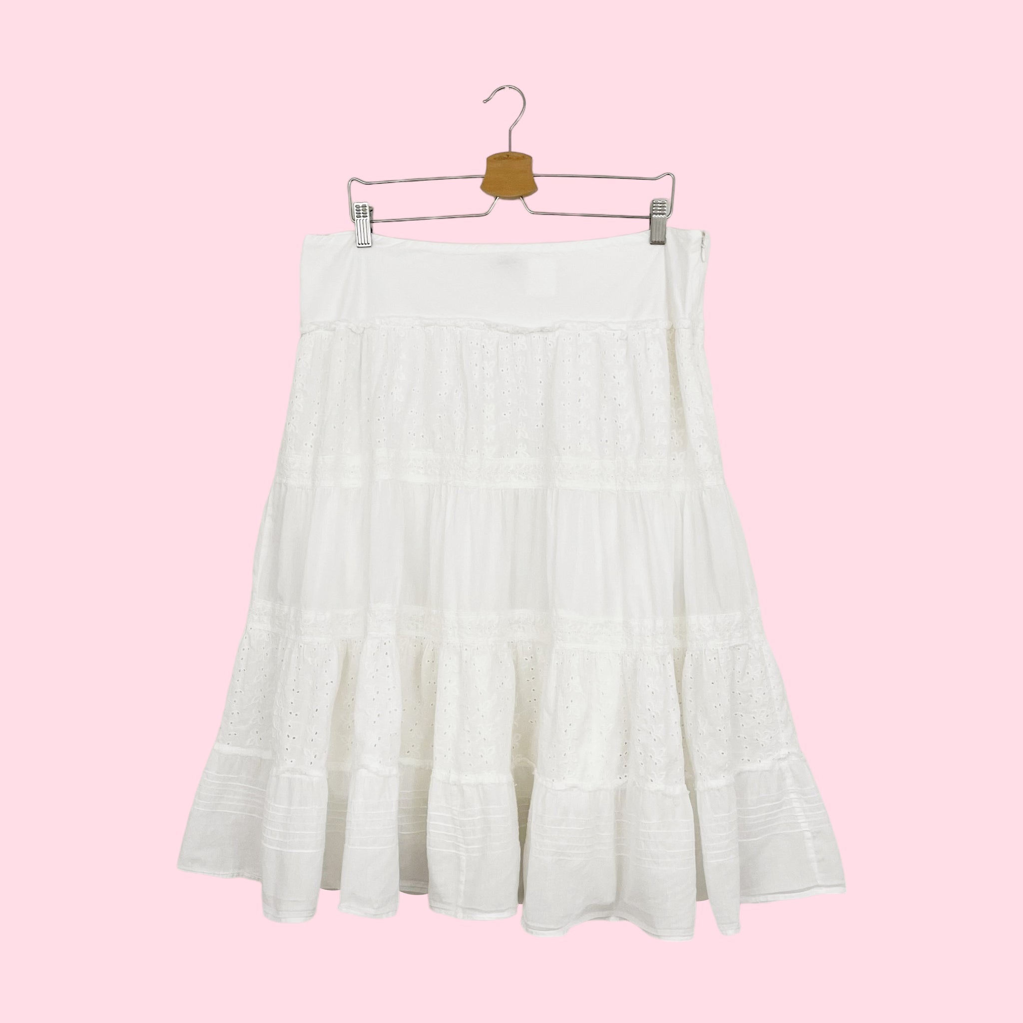 WHITE COTTON EYELET MIDI SKIRT (L)