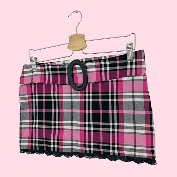 PLAID LOW RISE BUCKLE MINI SKIRT (S)