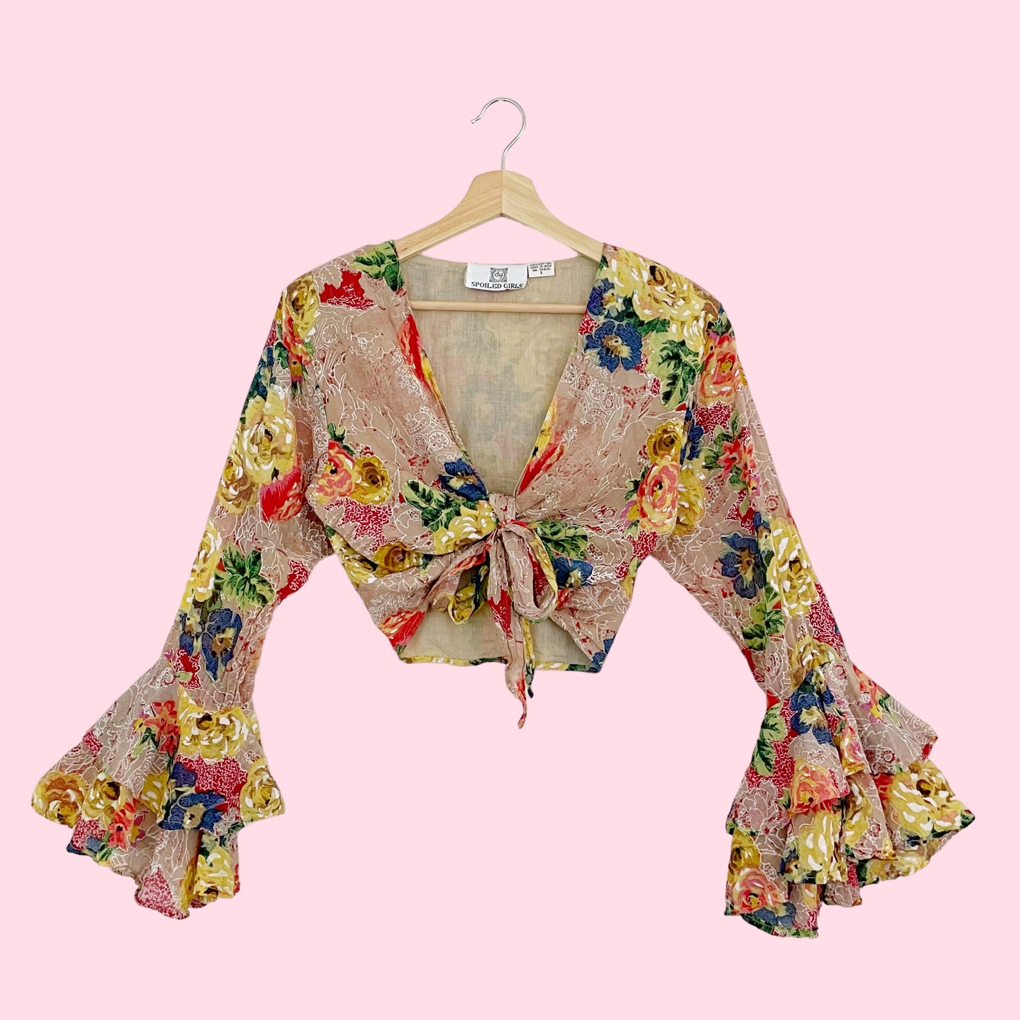 FLORAL BELL SLEEVE TIE FRONT BLOUSE (L)