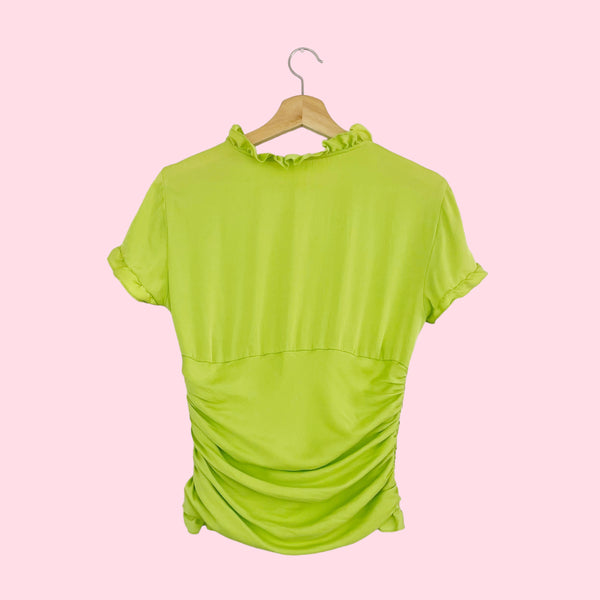 LIME RUCHED SILK BLOUSE (M)