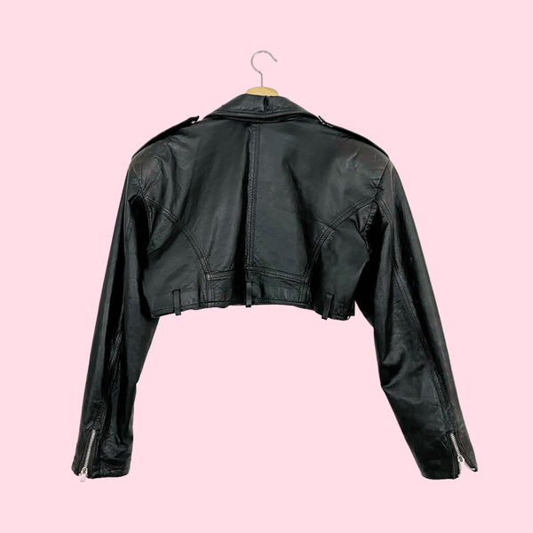 CROPPED LEATHER MOTORCYCLE JACKET (M)