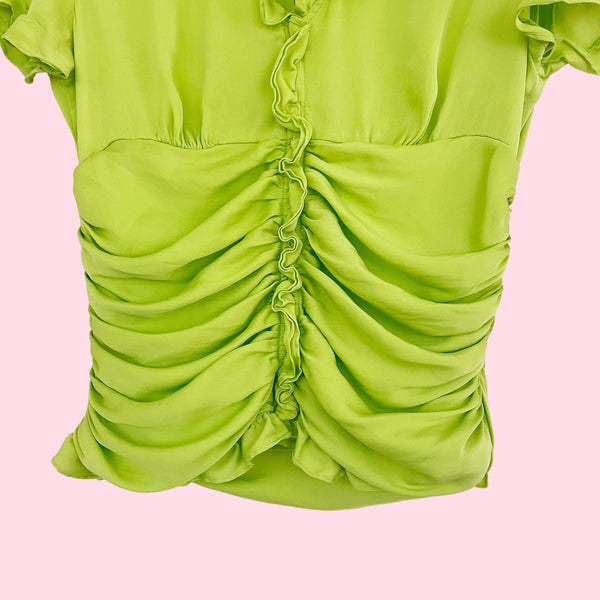 LIME RUCHED SILK BLOUSE (M)