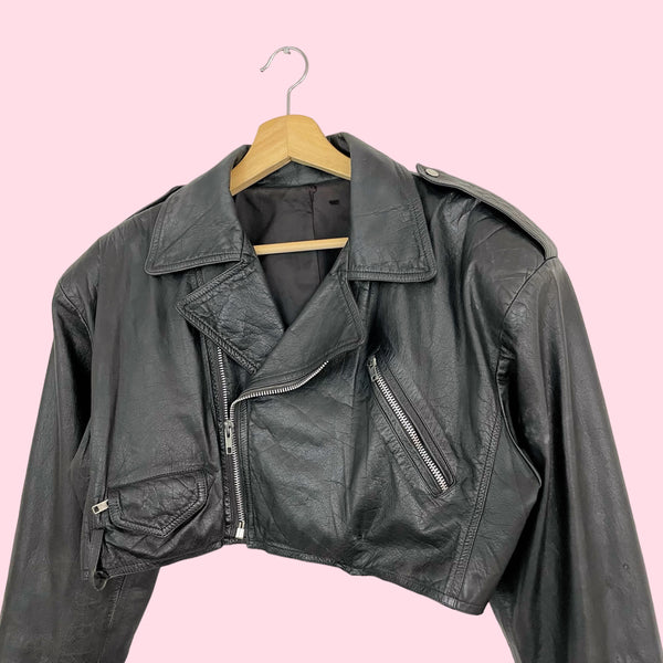 CROPPED LEATHER MOTORCYCLE JACKET (M)