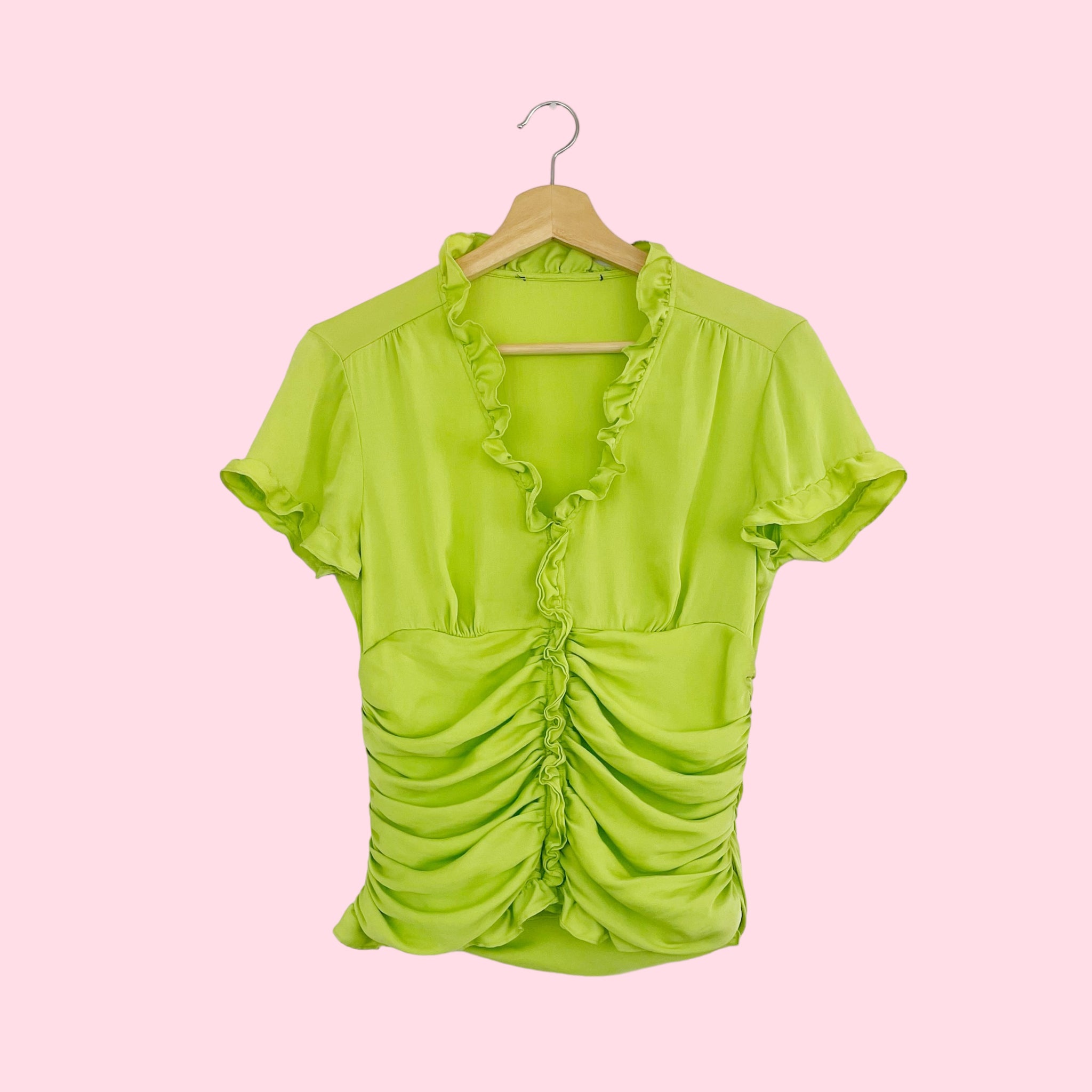 LIME RUCHED SILK BLOUSE (M)