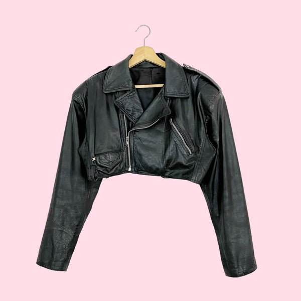 CROPPED LEATHER MOTORCYCLE JACKET (M)