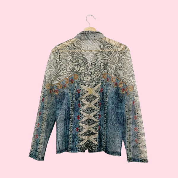 PRINTED MESH ZIP UP BLOUSE (L)