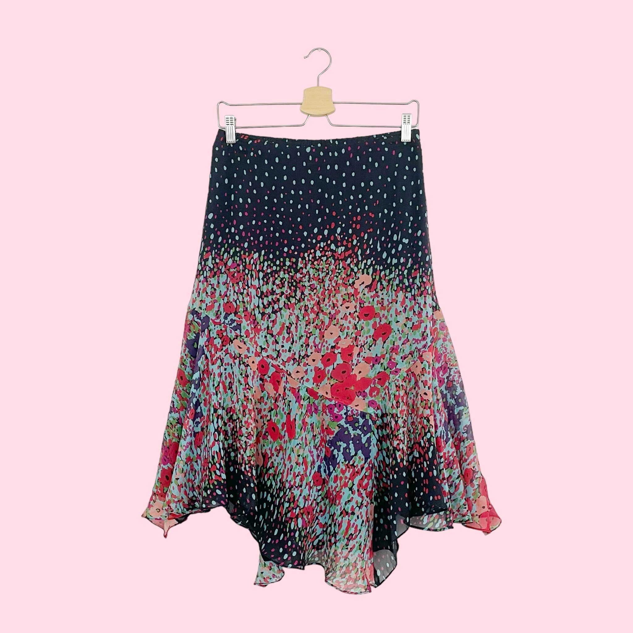 PRINTED SILK MIDI SKIRT (S)