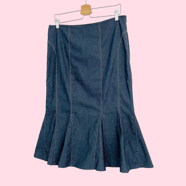 STRETCH DENIM PANELED MIDI SKIRT (10/12)