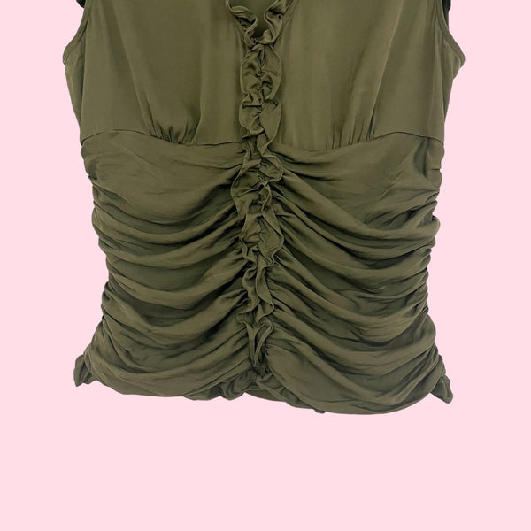 OLIVE SILK RUCHED BLOUSE (M)