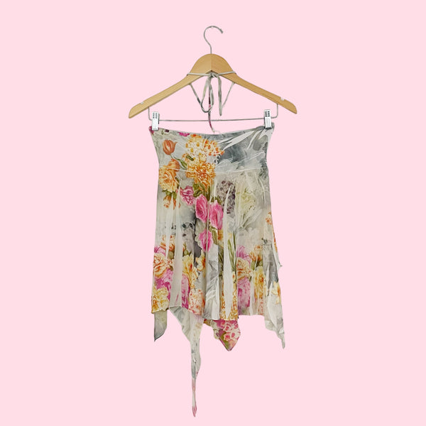 CREASED FLORAL ASYMMETRICAL HALTER TOP (S)