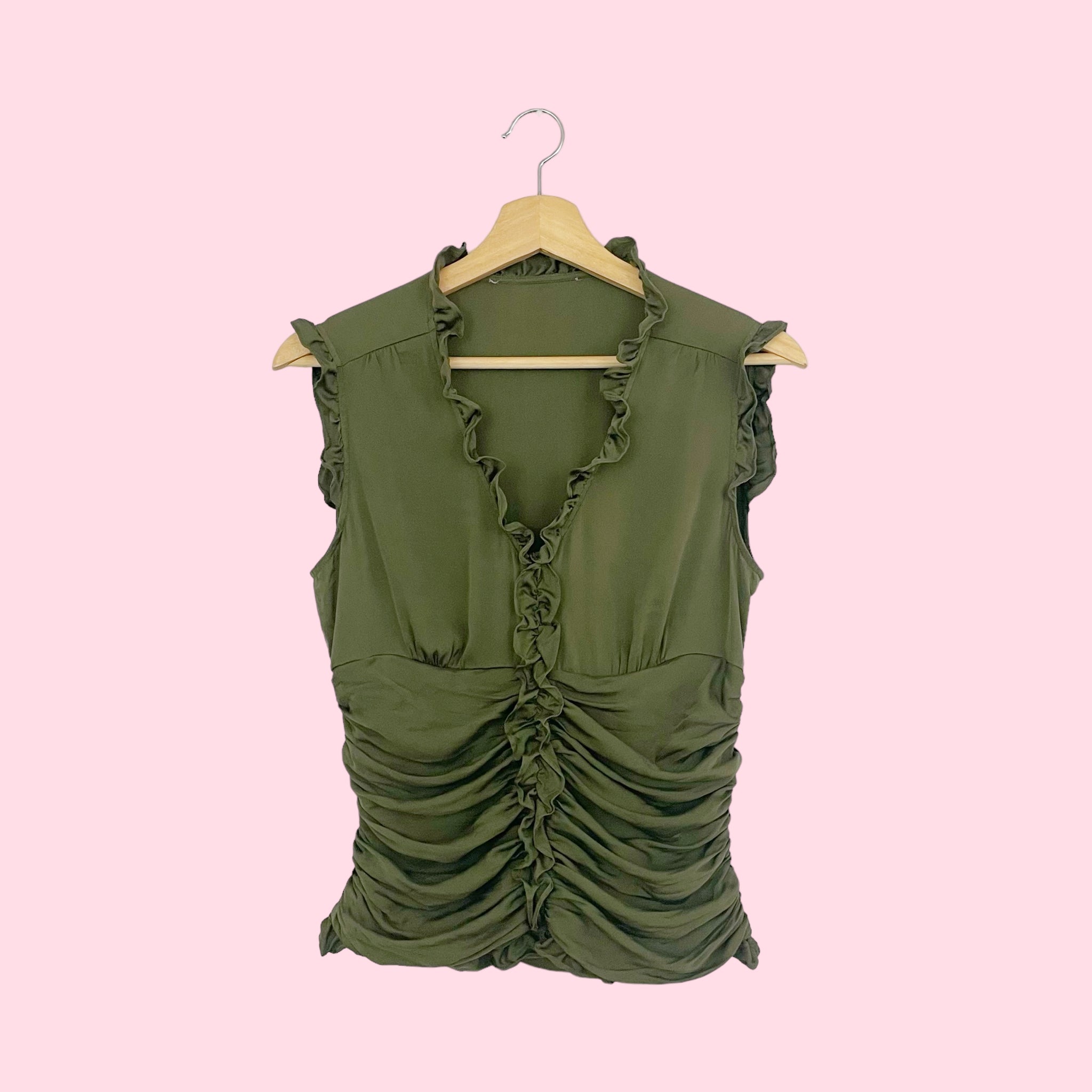 OLIVE SILK RUCHED BLOUSE (M)