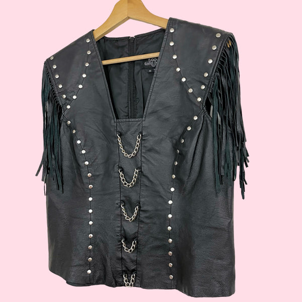 LEATHER FRINGE CHAIN TOP (M)