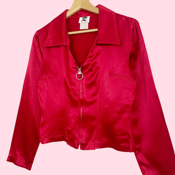 RED SATIN ZIP UP BLOUSE (M)