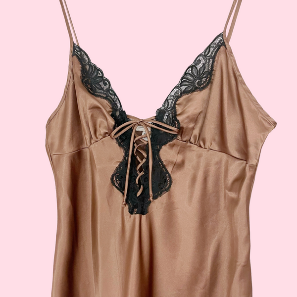 BROWN LACE UP SLIP DRESS (M)