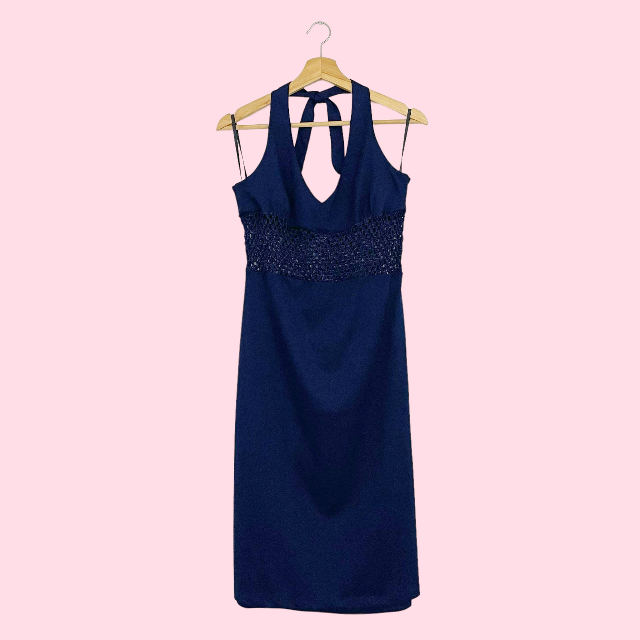 NAVY CROCHET HALTER MIDI DRESS (L)